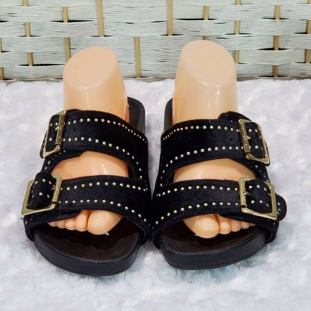 A New Day Womens 5 Footbed Sandals Black Velvet Gold Studs Double Strap Slip On - Picture 3 of 12